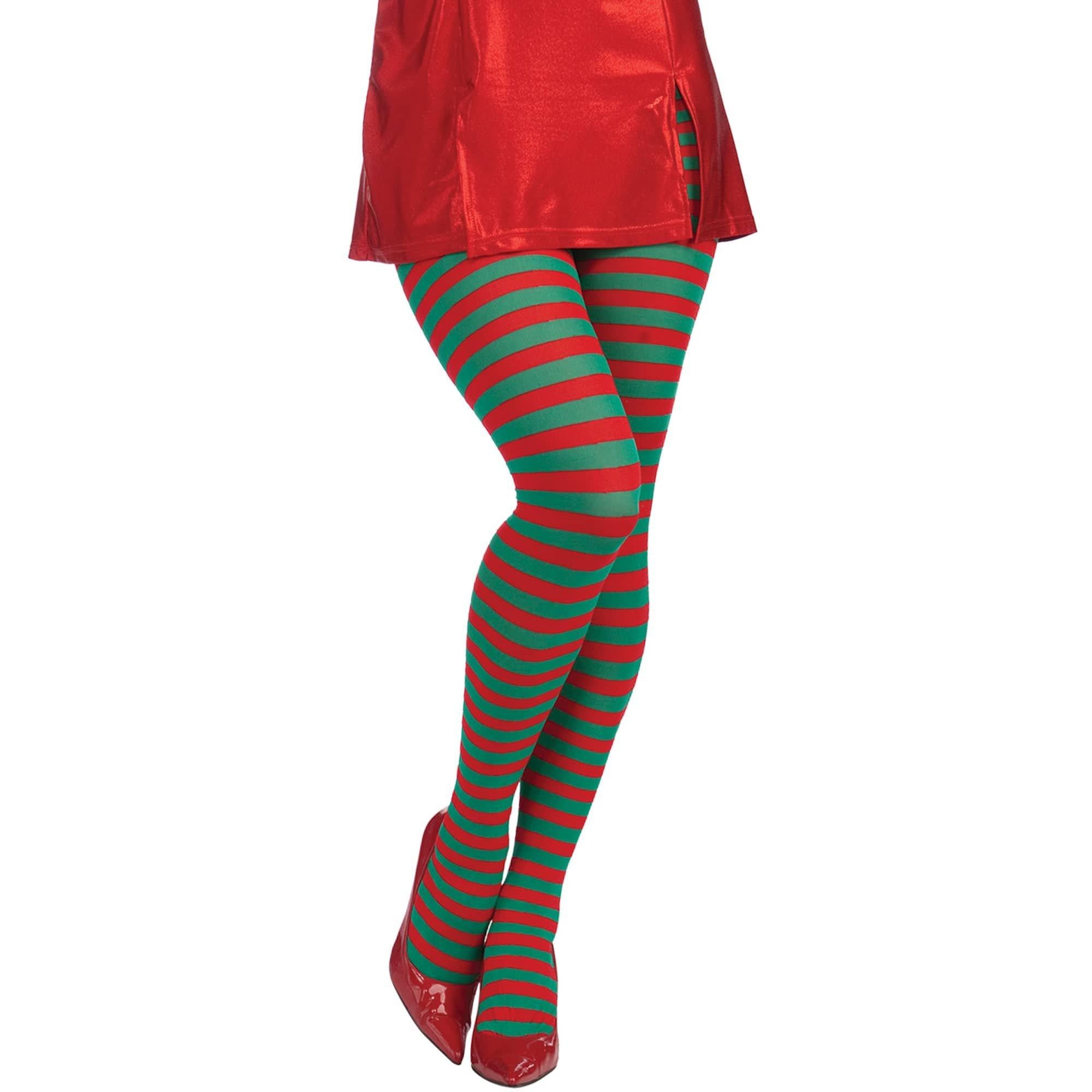 Adult Red and Green Holiday Striped Tights