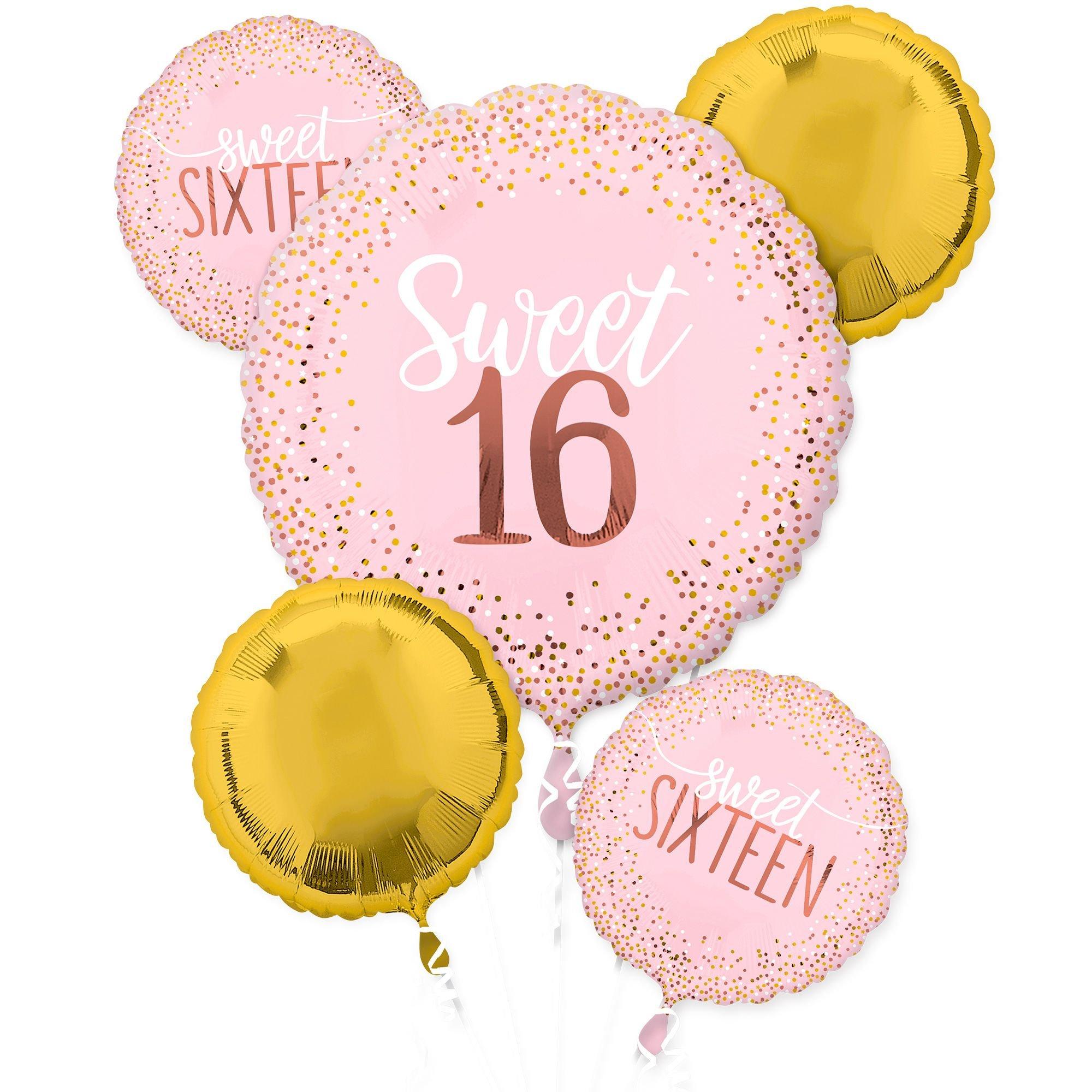 Blush Pink & Gold Sweet 16 Birthday Foil Balloon Bouquet, 5pc