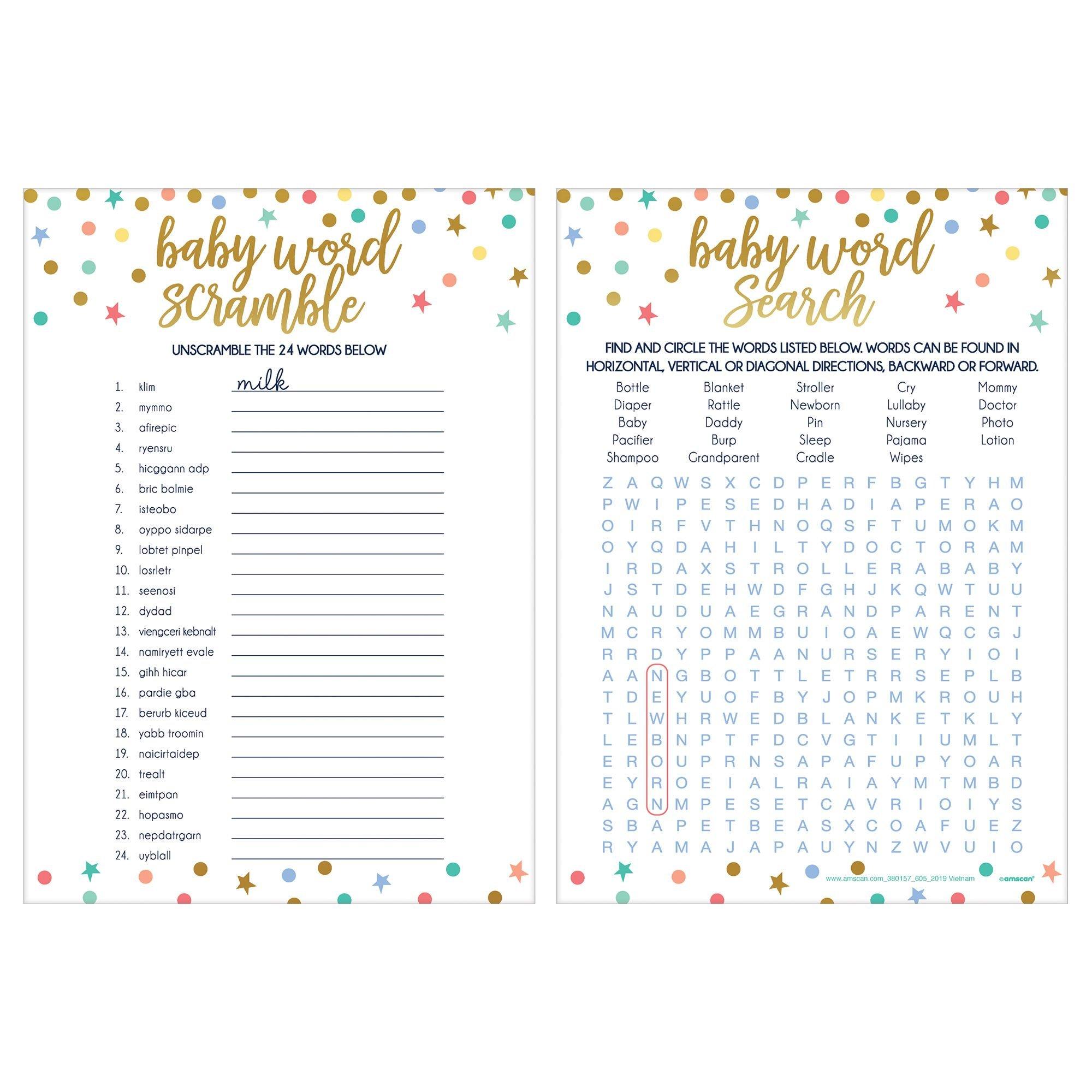 Dots & Stars Word Scramble & Word Search Baby Shower Game