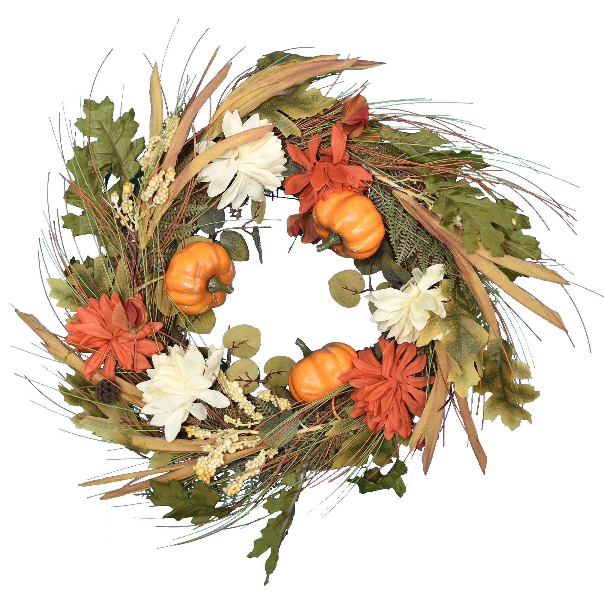 Natural Grass Fall Wreath with Foam Pumpkins & Mums, 18in