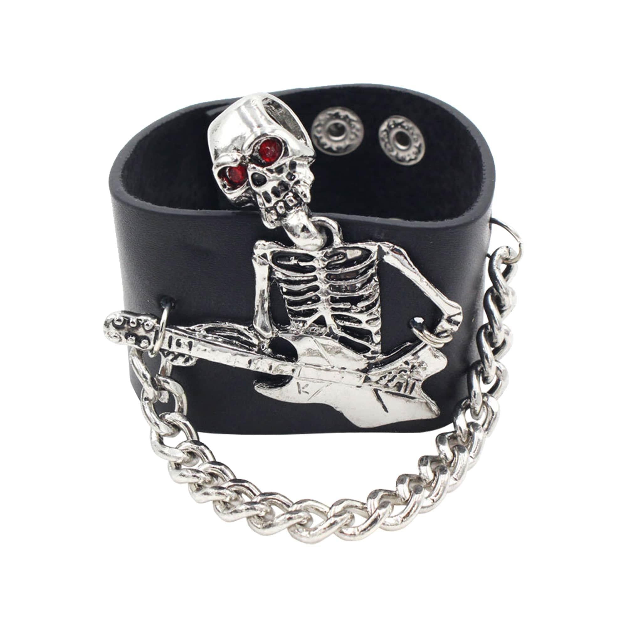 Rock Skeleton Faux Leather & Metal Wrist Cuff with Chain