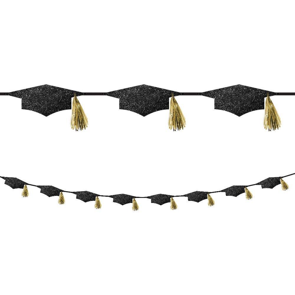 Black & Gold Glitter Grad Cap Tassel Garland