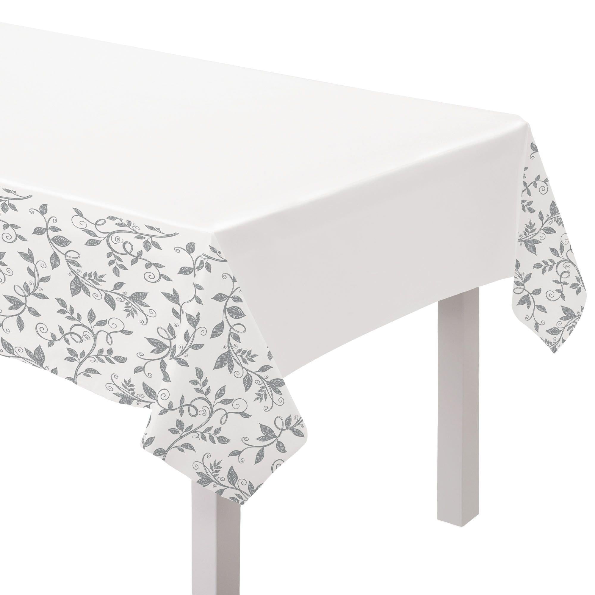 Silver & White 25th Anniversary Plastic Table Cover, 54in x 102in
