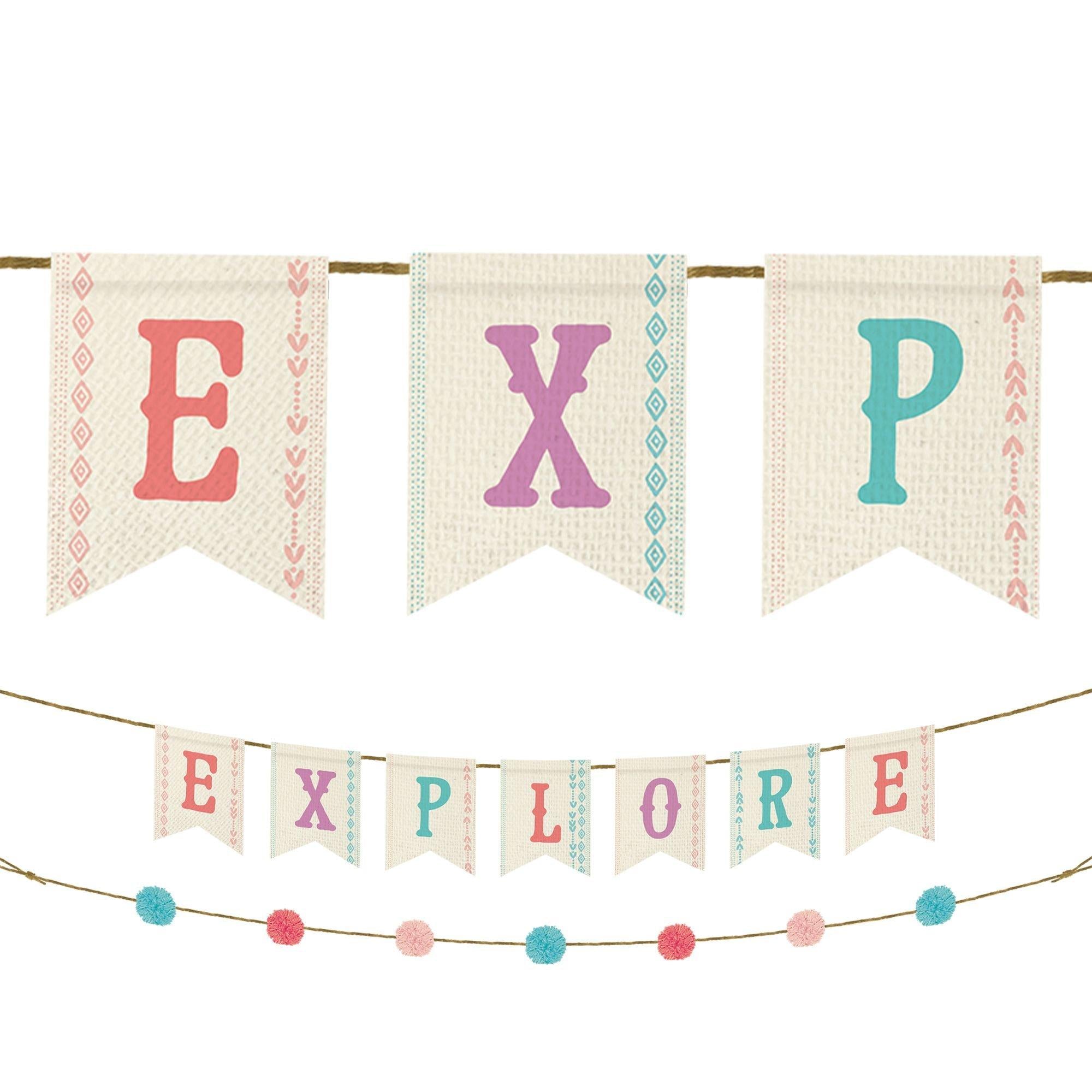 Free Spirit Explore Boho Canvas Pennant & Pom-Pom Banners, 5.3ft 2ct