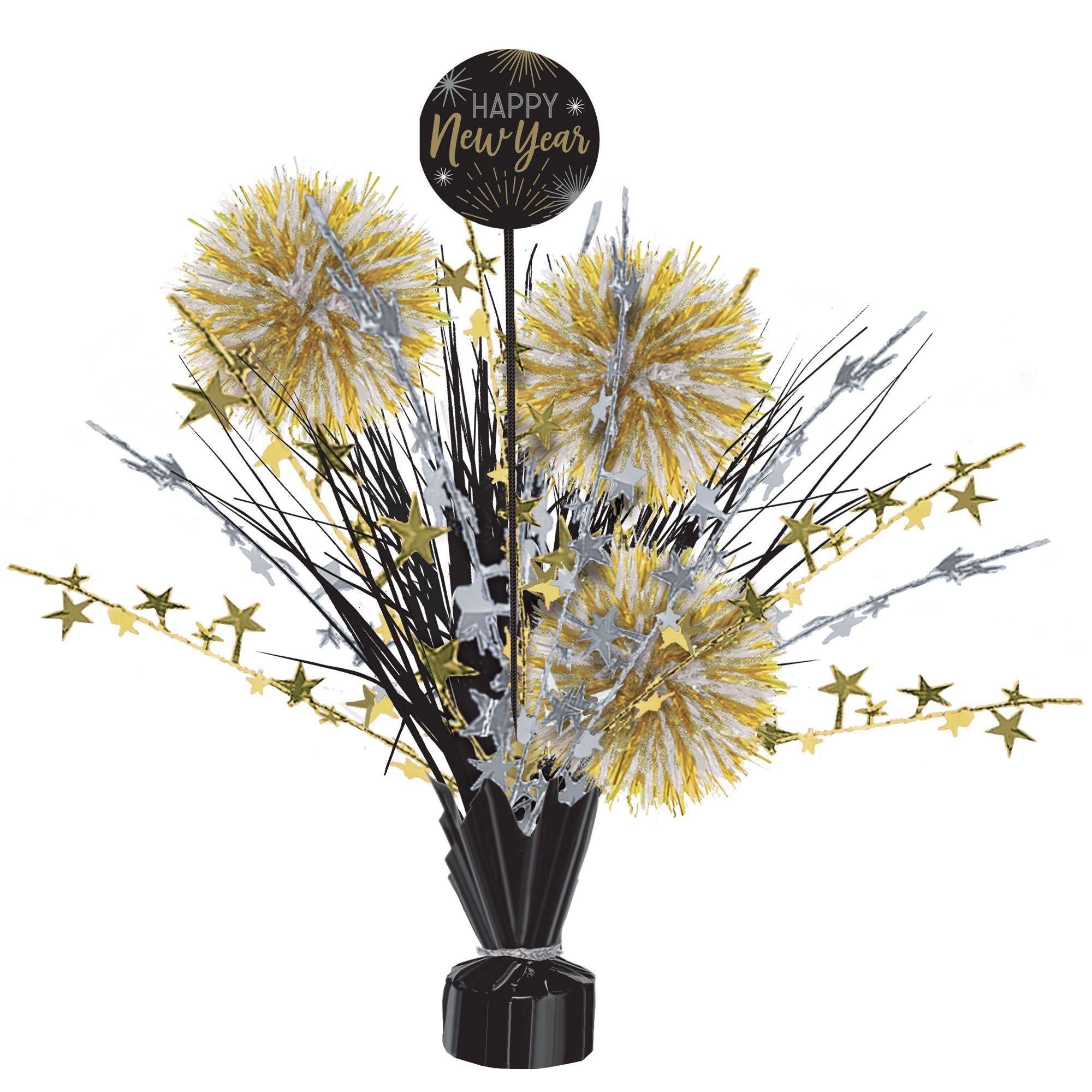 Black, Gold & Silver New Year's Pom-Pom Foil & Plastic Spray Centerpiece, 18in