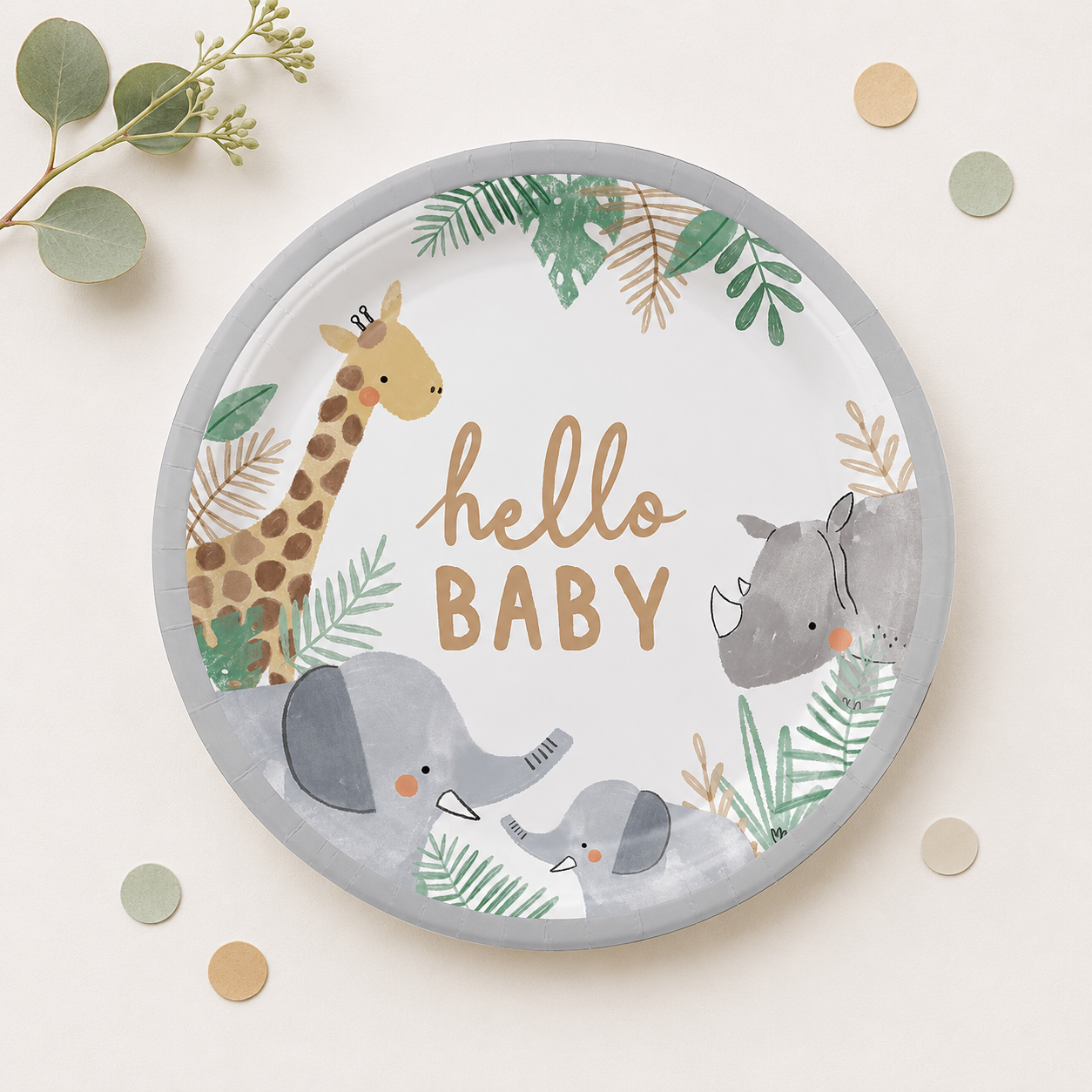Hello Baby Soft Jungle Baby Shower Paper Dinner Plates, 10.5in, 8ct