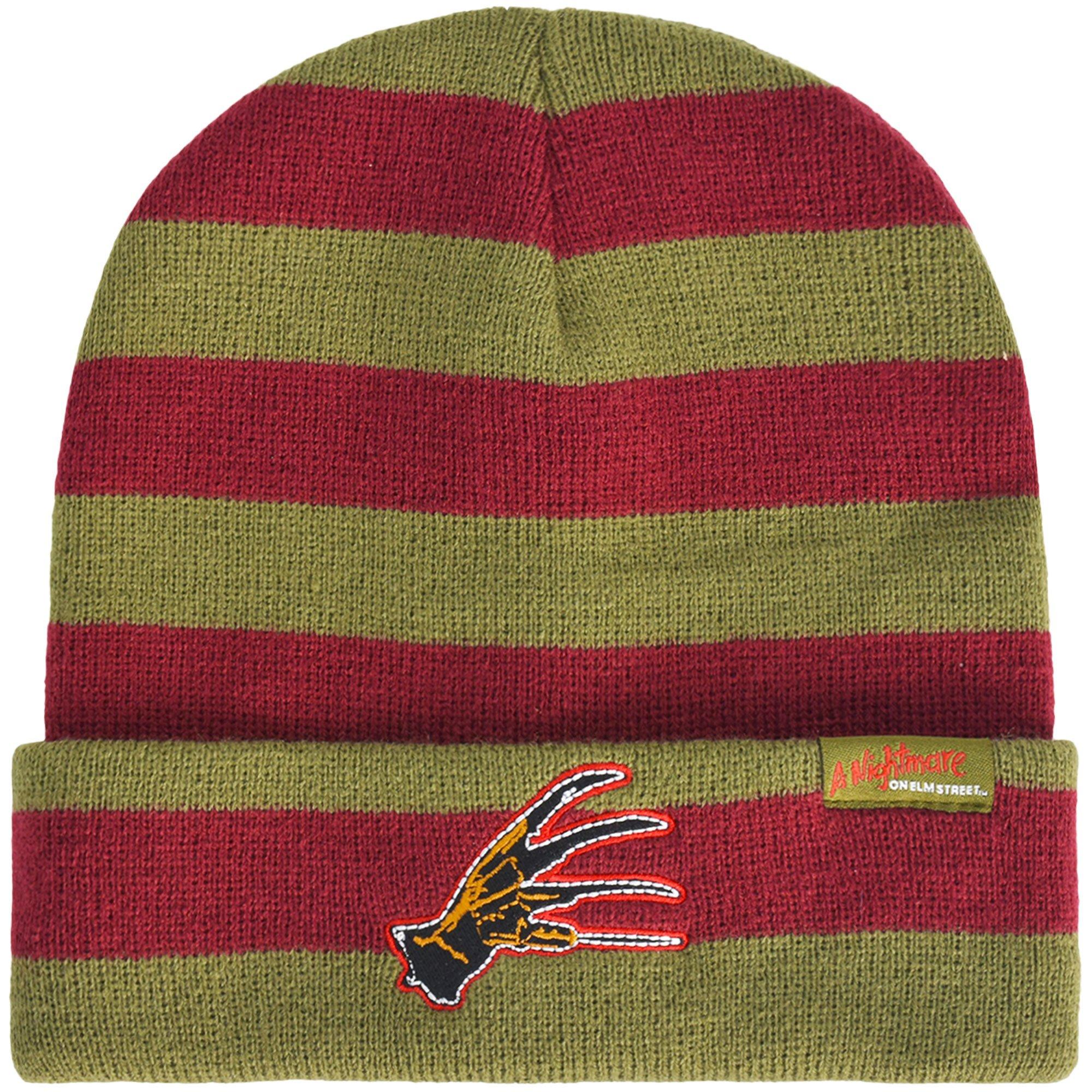 Green & Red Embroidered Freddy Krueger Glove Striped Acrylic Knit Beanie - A Nightmare on Elm Street