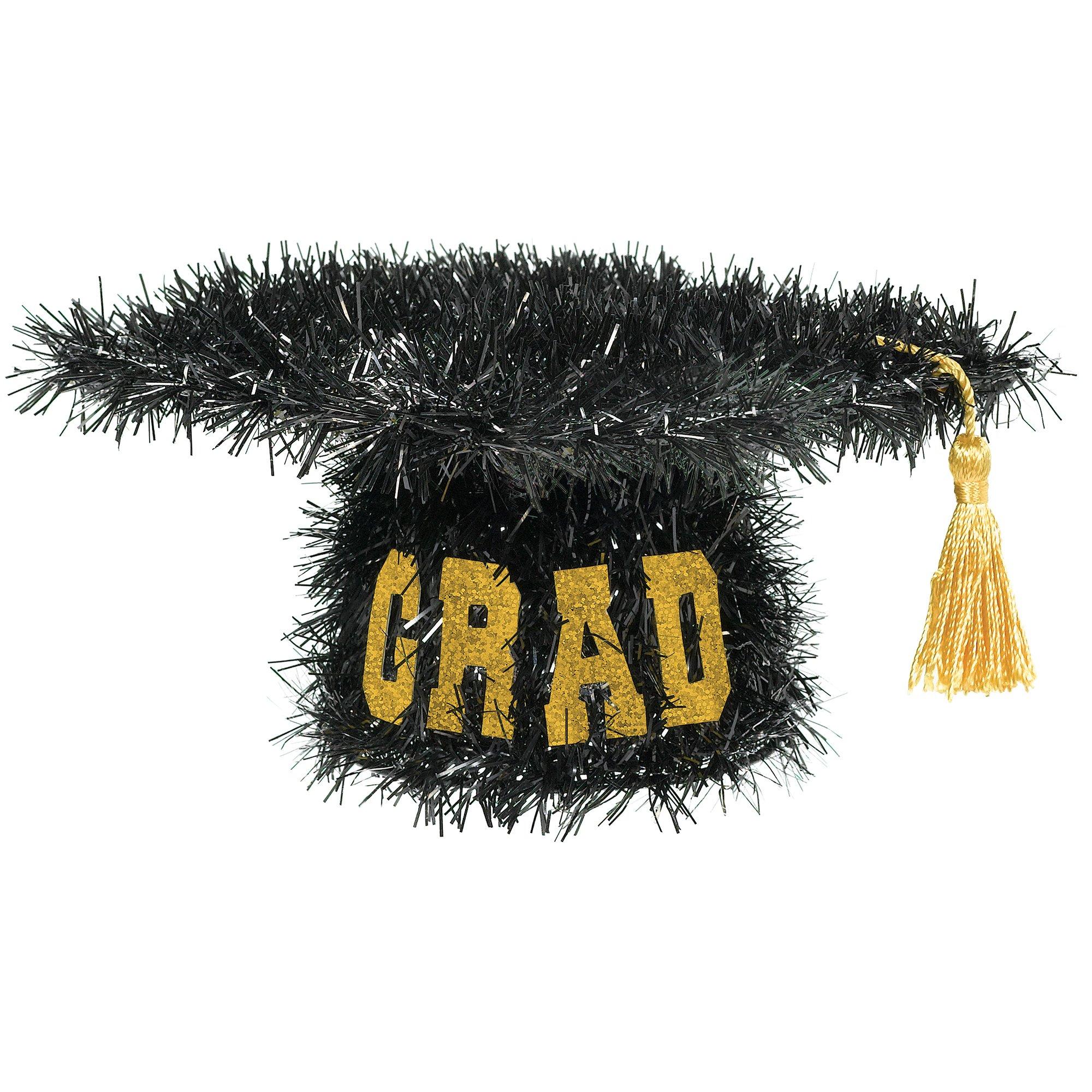 Black Tinsel Graduate Cap with Gold Tassel, 4.5in x 8.5in ?C GRAD Table Decoration