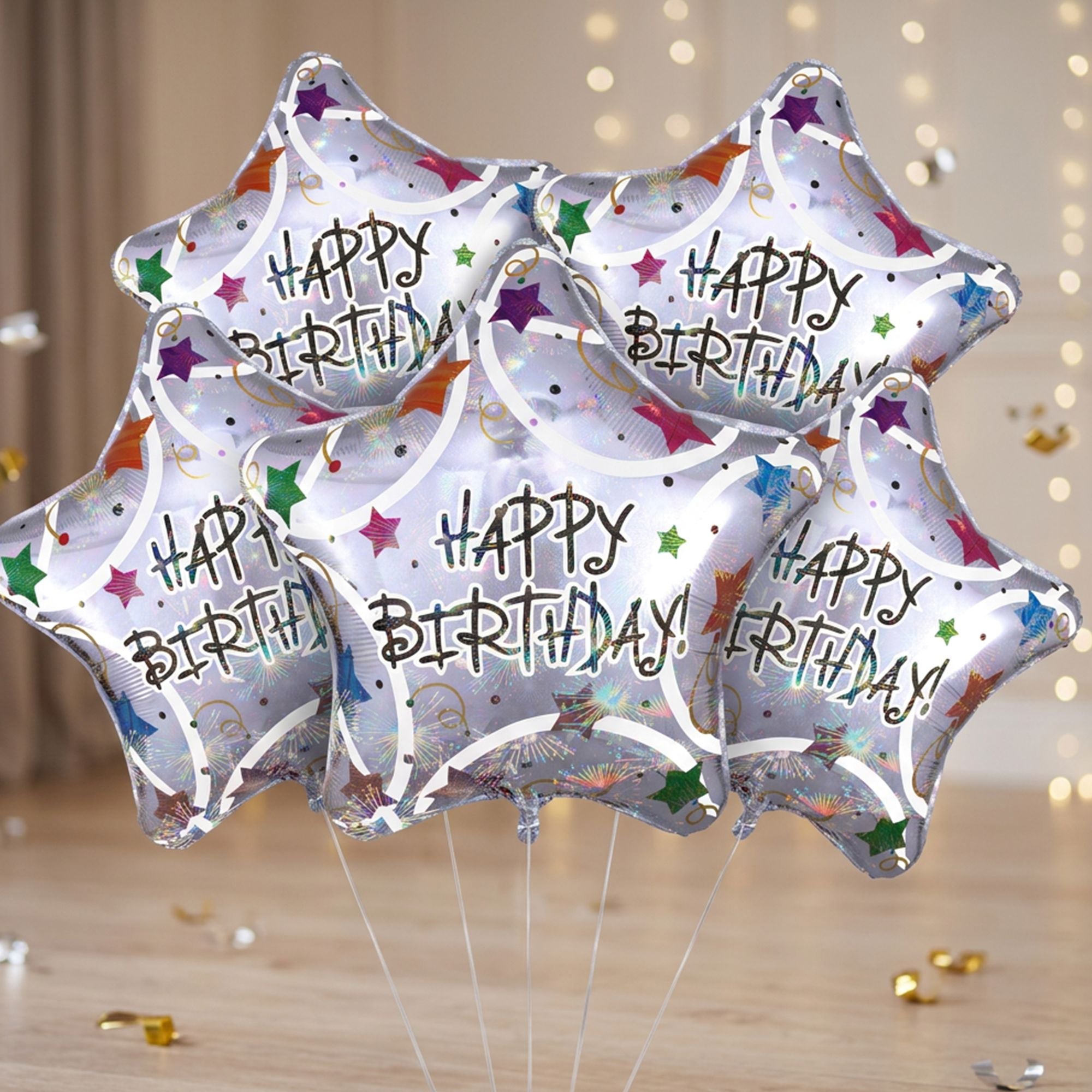 Holographic Star Happy Birthday Balloon Bouquet, 5pc