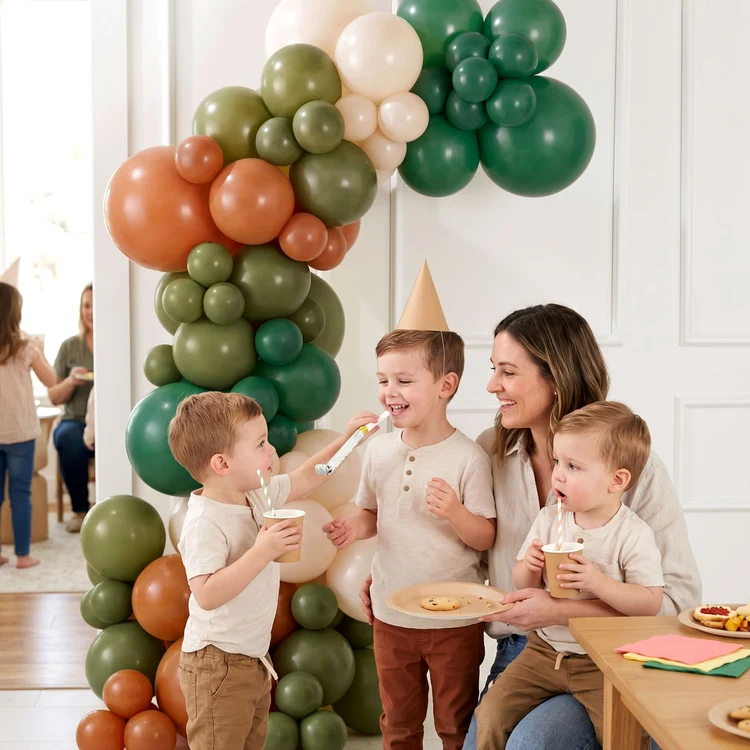 A woman and three young boys celebrate at a birthday party, seated and standing in front of a large balloon garland arch. The balloons are in shades of green, terracotta orange, and cream.