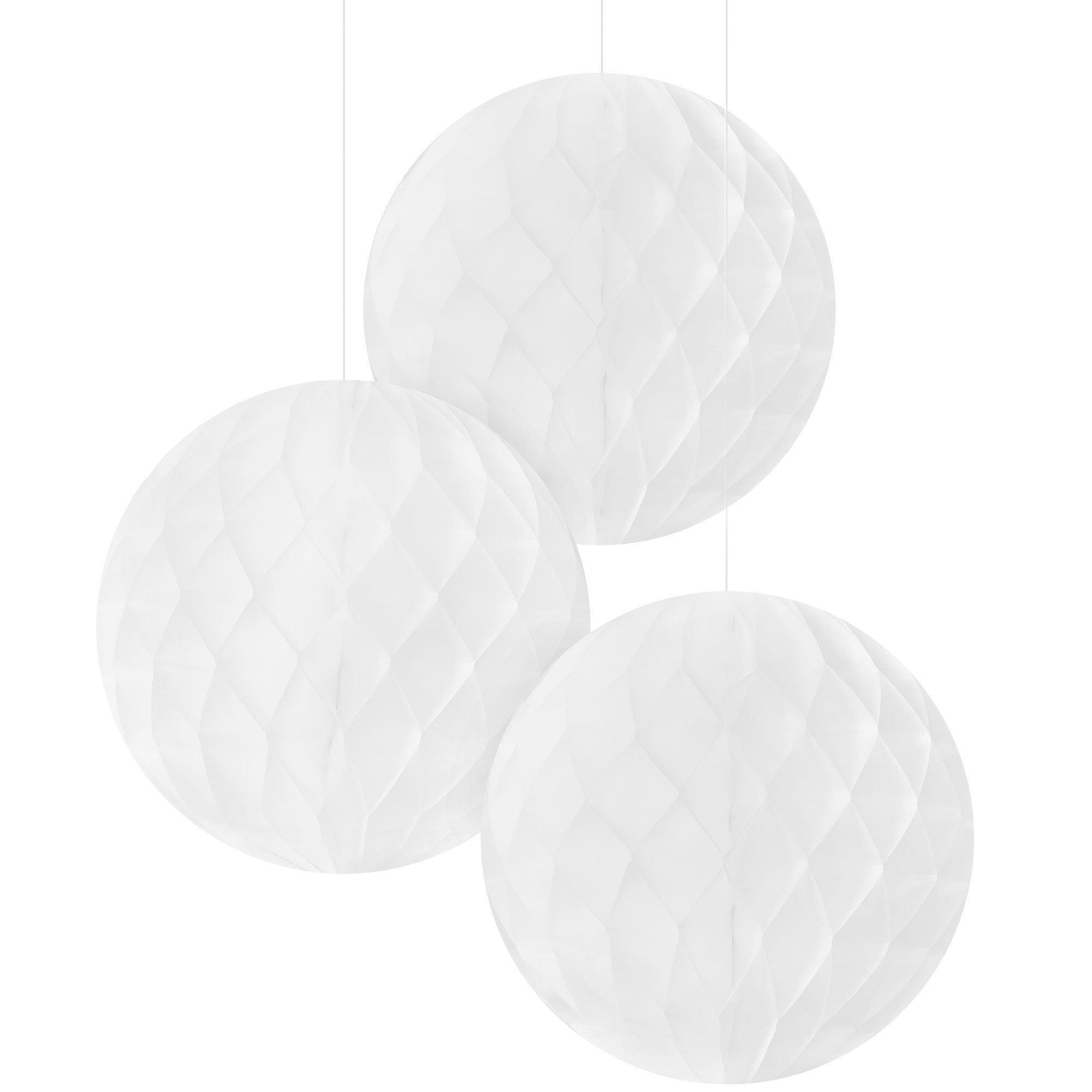 White Honeycomb Hanging Decorations, 12in, 3pc, Sizes 10in and 12in, Assorted Colors
