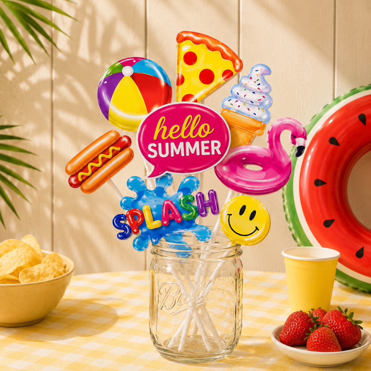 Cool Pool Party Cardstock & Plastic Photo Booth Props, 8pc
